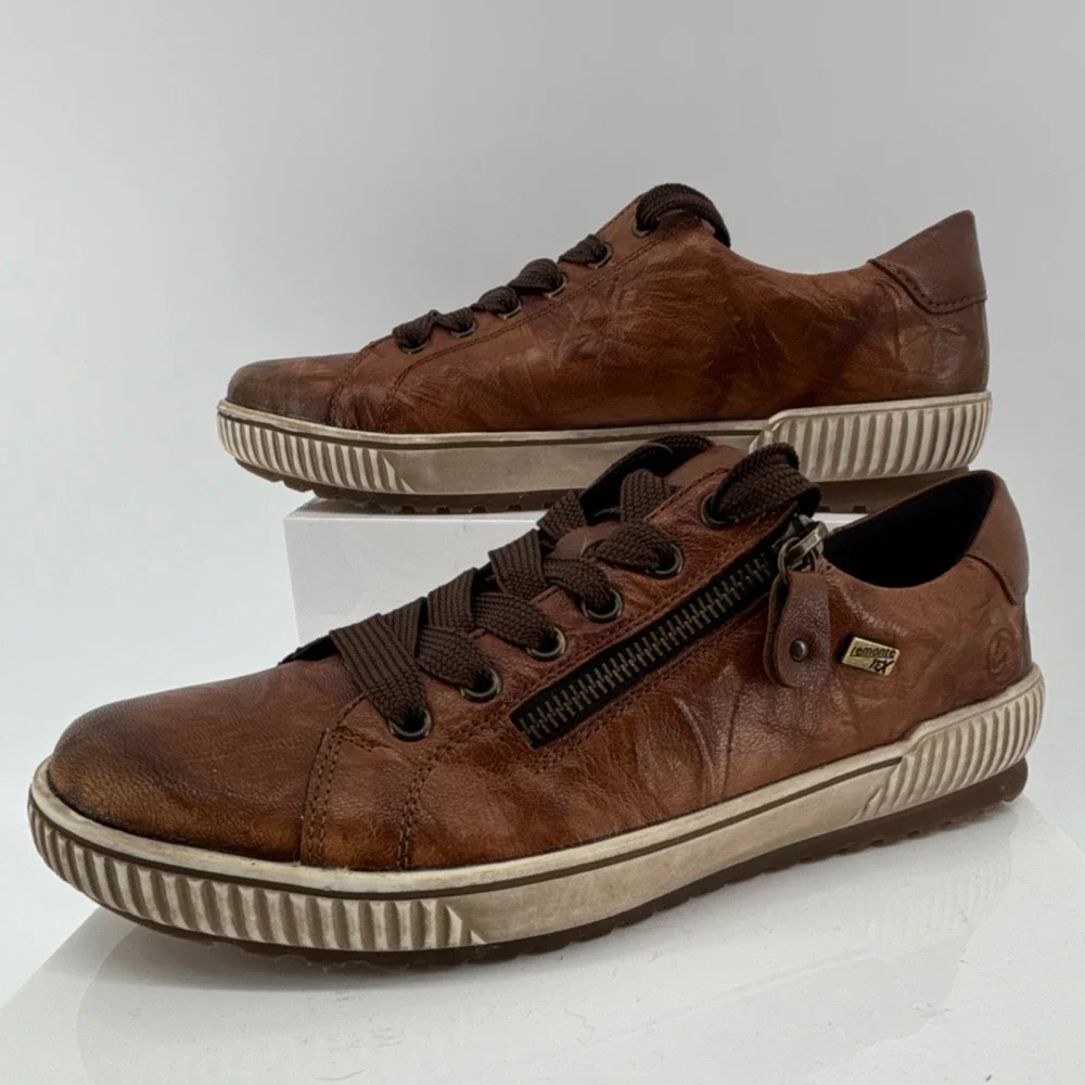 Remonte Brown Leather Lace-Up Sneakers Zipper Logo Women‎ US 9.5 EU 41 Comfort